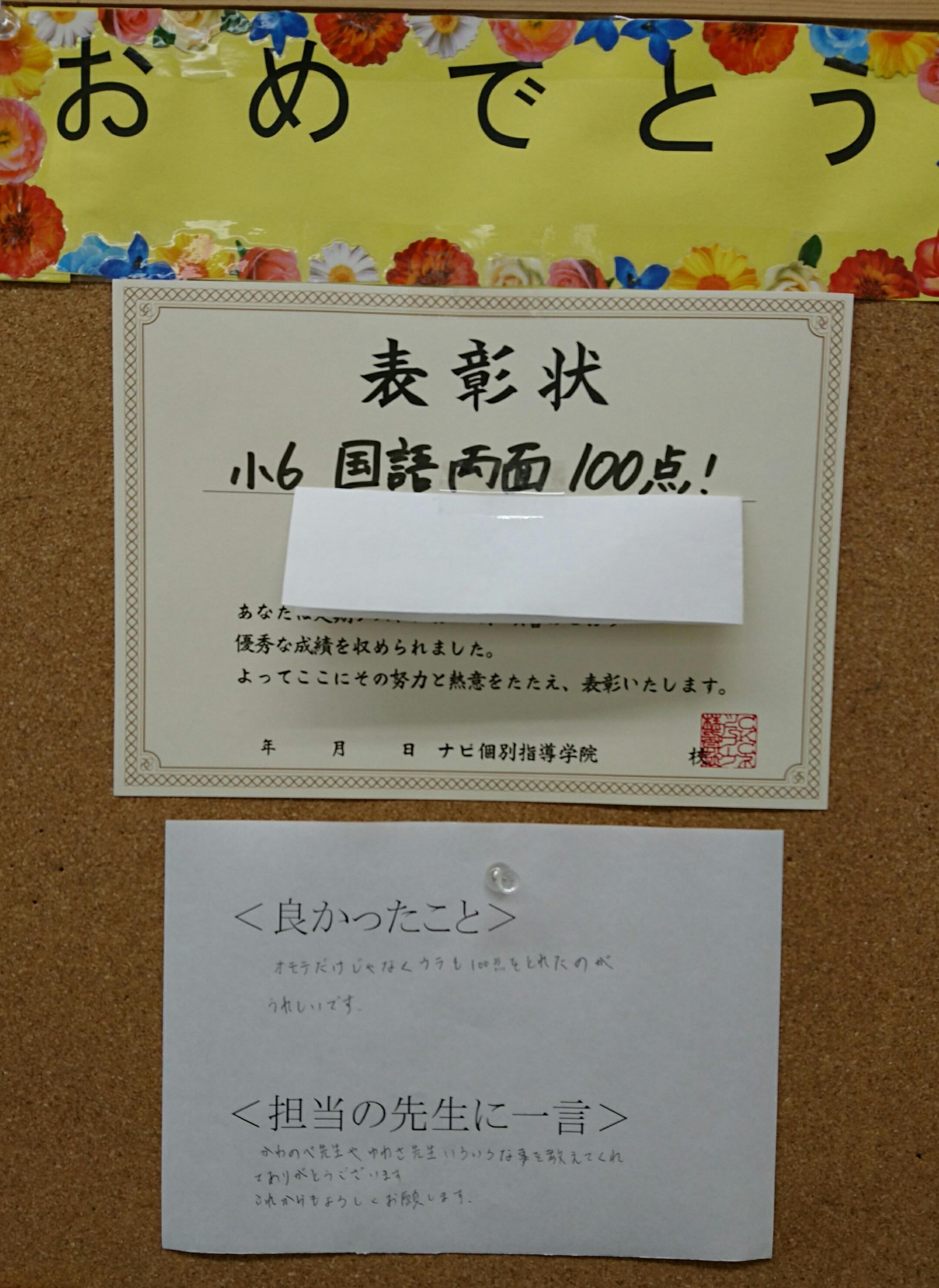 成績アップ 小6 国語テスト100点 茨城県土浦市の個別塾 学習塾 ナビ個別指導学院 土浦校ブログ