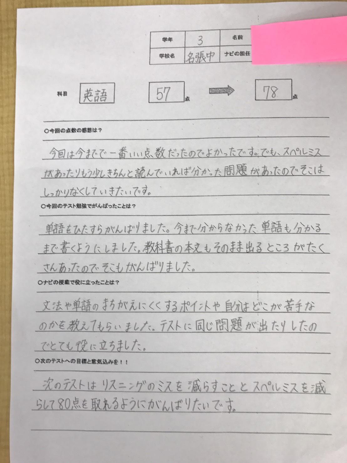 中３ 英語 ２１点up 三重県名張市の個別塾 学習塾 ナビ個別指導学院 名張校ブログ